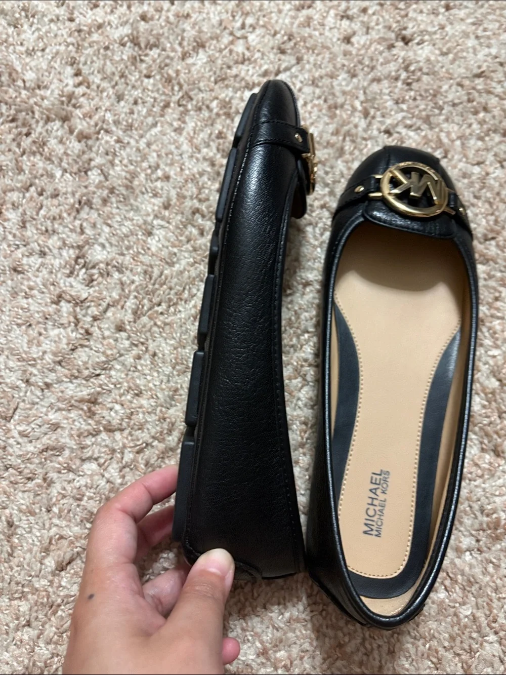 MICHAEL Michael Kors Black Leather Logo Ballet Flats with Gold MK Emblem